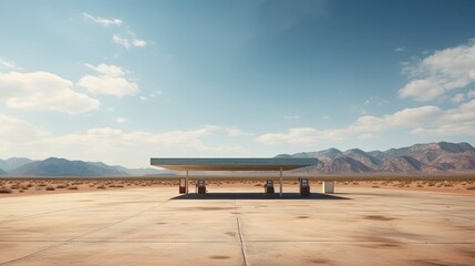 Empty modern gas station in USA desert large copyspace