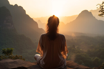 Woman meditating during sunrise in front of a mountain range - obrazy, fototapety, plakaty