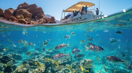 Fototapeta premium people from a yacht look at colorful fish in the red sea