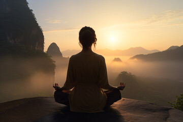 Woman meditating during sunrise in front of a mountain range