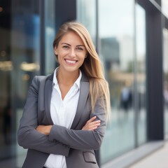 Happy young business woman standing in city looking away. Confident smiling confident professional businesswoman leader wearing suit