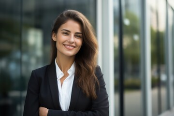 Fototapeta premium Happy young business woman standing in city looking away. Confident smiling confident professional businesswoman leader wearing suit