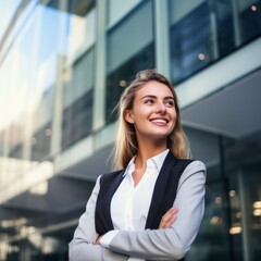 Obraz premium Happy young business woman standing in city looking away. Confident smiling confident professional businesswoman leader wearing suit