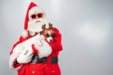 Portrait of santa claus in sunglasses and dog jack russell terrier in rudolf reindeer ears on a white background. 