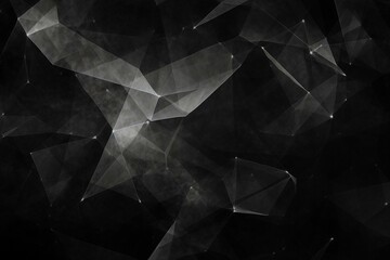 Abstract black background with random white transparent triangle layers and grainy scratch texture. Generative AI