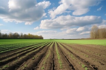 A fertile field with green sprouts, spring scene with clouds in the sky. Generative AI