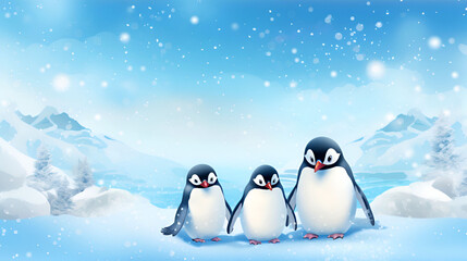 Three cute penguins in the snow in Antarctica Copy Space.