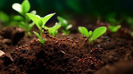 a very zoomed out picture of a lot of ants carrying a small green leaf created with Generative Ai