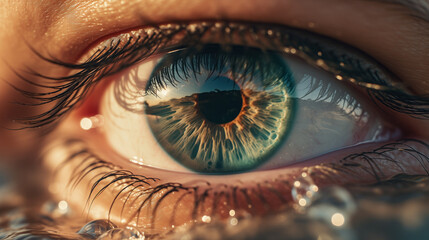Beautiful human eye close-up, with water reflection.Macro. - obrazy, fototapety, plakaty