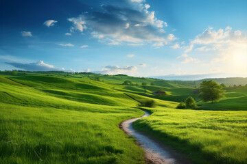 Panoramic spring landscape - picturesque winding path through a green grass field in hilly landscape with blue sky