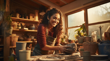 Photo a smiling African american craftswoman, dressed in an apron, plaid shirt, makes a clay vase, working in her cozy workshop.
