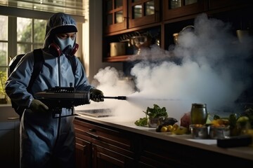 Man protection spray prevention quarantine chemical infection mask toxic safety coronavirus danger pollution - obrazy, fototapety, plakaty
