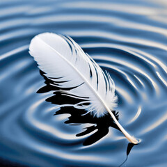 A single white feather floating on rippled blue water