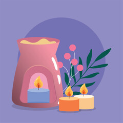 Group of candles for amoratherapy and leaves Vector