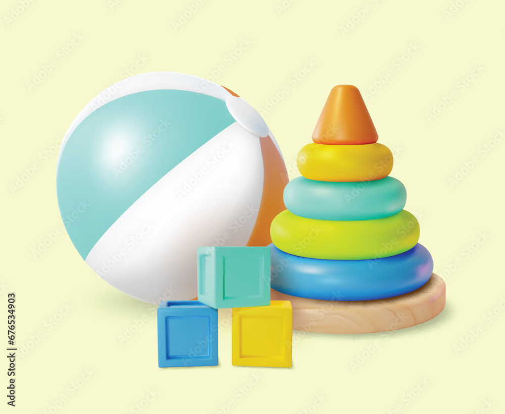 Poster 3d Kid Toy Concept Cartoon Style Include of Ball, Wooden Block and Pyramid with Colorful Rings . Vector illustration