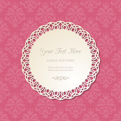 Cutout 3D circular lacy figure frame with shadow on pink ornate background. Wedding invitation, greeting card or baby shower design template. Vector illustration.