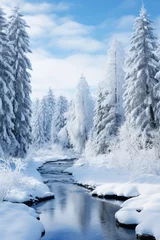 Zelfklevend Fotobehang winter landscape with snow-covered trees and a serene atmosphere © ArtCookStudio