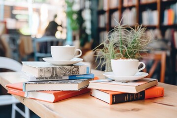 coffee cups and books in cafe