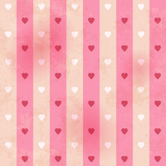 Vintage pink seamless pattern of stripes and hearts. Old paper parchment texture. Endless background for web page, wallpaper or wrapping. St. Valentines Day texture. Vector illustration