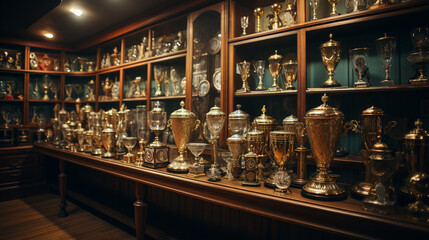 Many golden trophies. Room for winner - obrazy, fototapety, plakaty