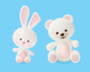 3d White Cute Teddy Bear and Funny Bunny Toys Cartoon Style on a Blue Background. Vector illustration of Baby Bear and Rabbit
