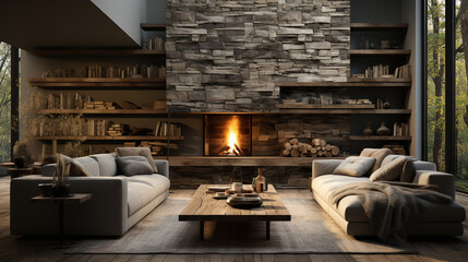 Modern living room with a fireplace.