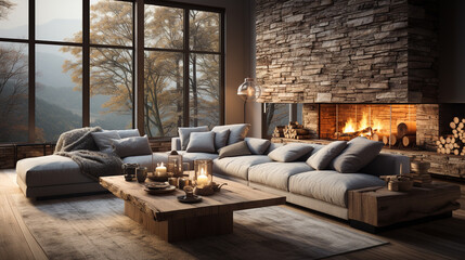 Modern living room with a fireplace.
