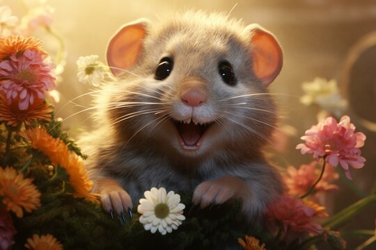 Cheerful animated rodent clasping a large bloom. Generative AI