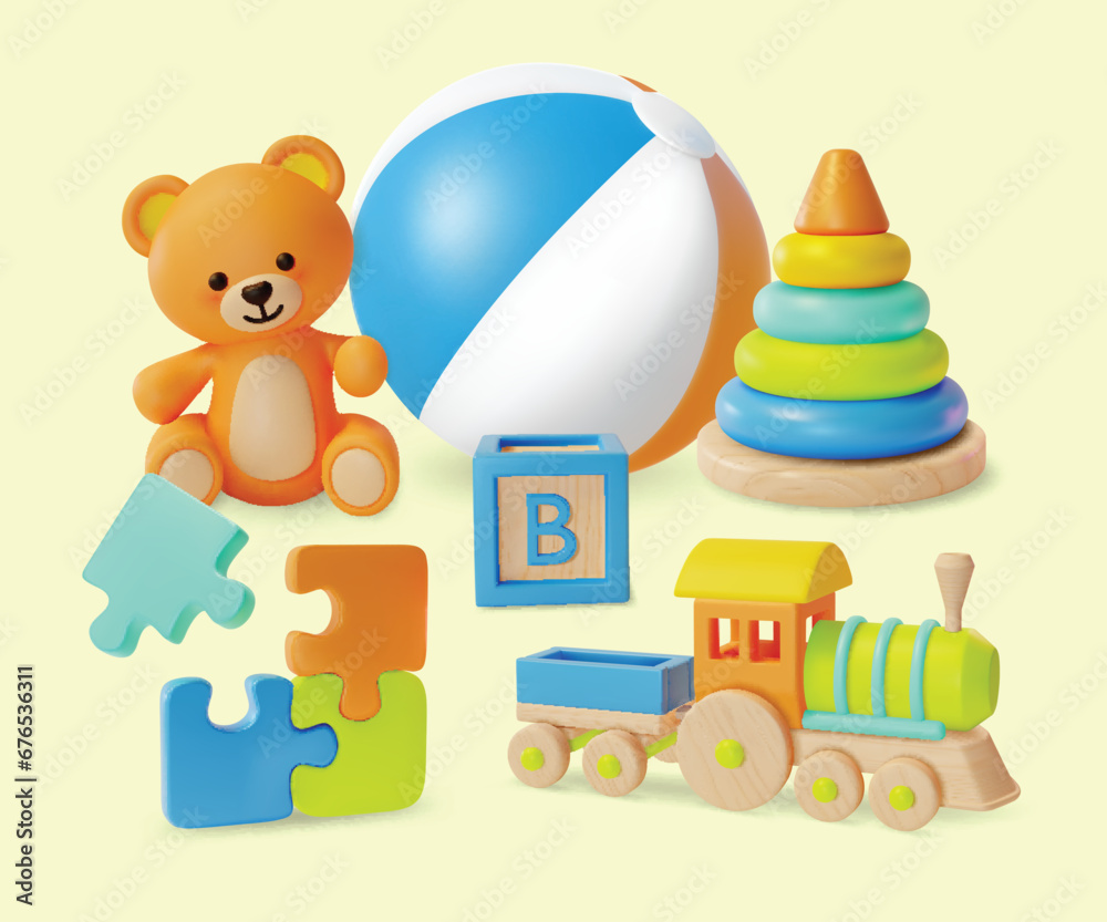 Poster 3d Kid Toy Concept Cartoon Style Include of Ball, Teddy Bear, Wooden Train and Pyramid with Colorful Rings. Vector illustration