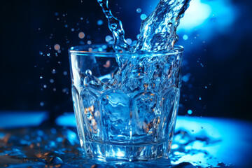 Cold water is poured into a glass of water, with blue background and beautiful lighting