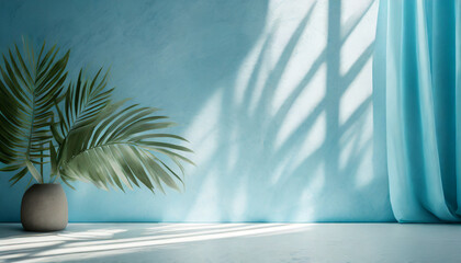 minimal abstract light blue background for product presentation shadow of tropical leaves and...