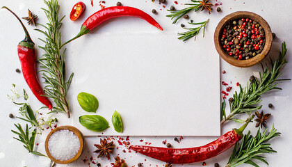 art culinary frame border food banner design element red hot chili pepper spices and herbs on white culinary paper background variety of spices and mediterranean herbs - obrazy, fototapety, plakaty