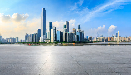 empty square floor and city skyline with modern buildings in guangzhou guangdong province china panoramic view - obrazy, fototapety, plakaty