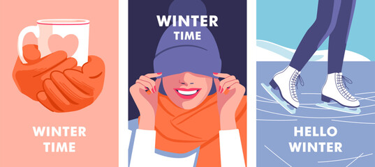Winter time. Concept of vacation, party and travel. Female hands in knitted gloves holding a cup of coffee or tea. Woman hidden eyes by hat and laughs. Woman skates on ice rink. Vector illustration. - obrazy, fototapety, plakaty