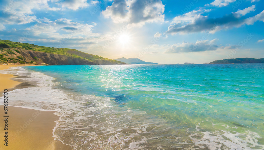 Poster tranquil island beach waves splash crash blue turquoise closeup sea surface panoramic nature landscape happy sunlight idyllic sky mediterranean tropical sandy coast landscape summer vacation