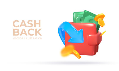 Red wallet with cash and coins. Cashback and earnings concept. In 3D style. Vector illustration.