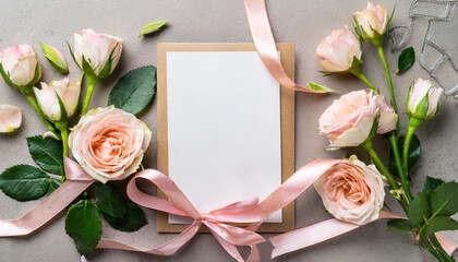 greeting card mockup with copy space pink ribbon and roses flowers on colored table background flat lay top view mother day holiday concept