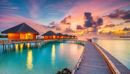 Obraz premium amazing sunset panorama at maldives luxury resort villas seascape with soft led lights under colorful sky beautiful twilight sky and colorful clouds beautiful beach background for vacation holiday