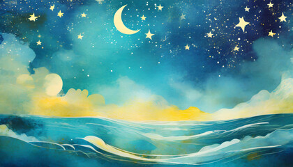 fairytale magical sky with stars and moon gentle ocean waves on the bottom mystery scene for stargazers for mobile web labels and adds vibrant teal blue and yellow colors