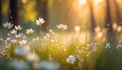 dream fantasy soft focus sunset field landscape of white flowers and grass meadow warm golden hour sunset sunrise time bokeh tranquil spring summer nature closeup abstract blurred forest background - obrazy, fototapety, plakaty