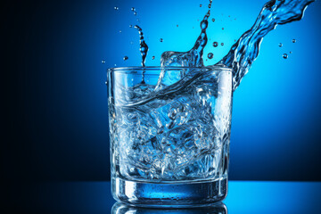Cold water is poured into a glass of water, with blue background and beautiful lighting