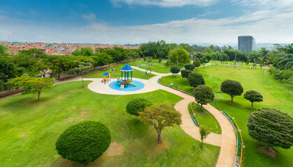 aerial top view of summer park landscape with green trees lawns and footpath and children playground