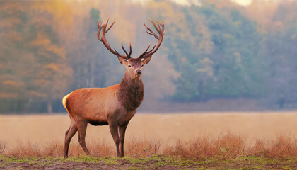 banner with red deer stag in the autumn field noble deer male beautiful animal in the nature habitat wildlife scene from the wild nature landscape wallpaper beautiful fall background