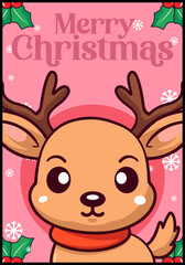 Greeting Cards and Posters: Merry Christmas with Cute Reindeer, Vector Animal Cartoon, Deer Character