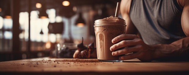 man with protein shake on table - obrazy, fototapety, plakaty