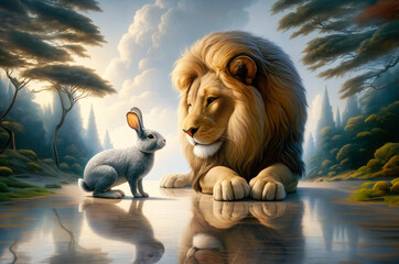 Curious rabbit approaches majestic lion with trust in a peaceful setting, highlighting animal friendships. - obrazy, fototapety, plakaty