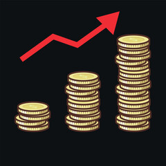 Money golden stacks and red arrow on black background. Vector illustration banner, poster