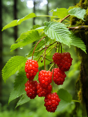 Fresh salmonberries growing on a bush, blurred background