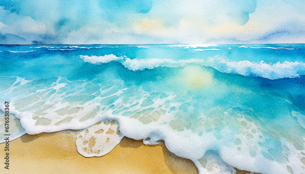 Poster abstract watercolor blue ocean sand beach and sea foam for textures fresh cheerful and relaxing summ