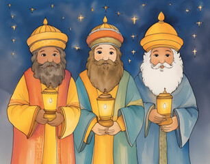three wise men are holding lanterns, in the style of colorful watercolors